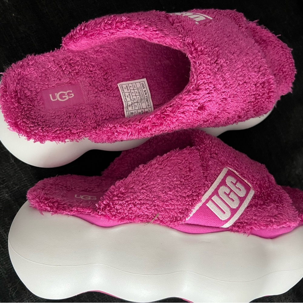 UGG Pink Terry Sugarcloud 3 inch slide/sandal platforms.
